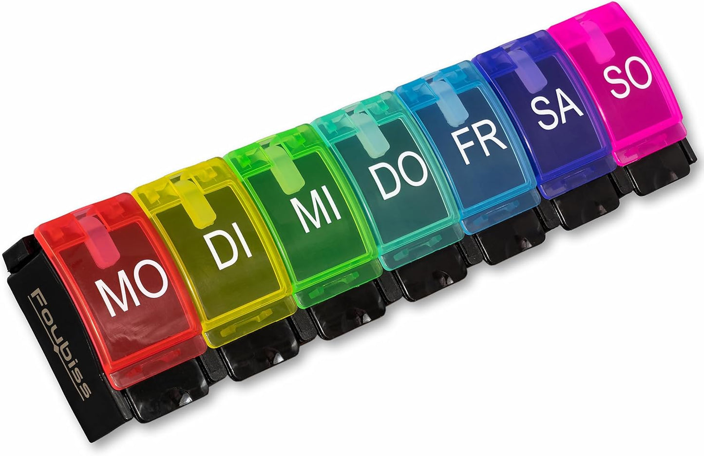 Foubiss - Tablettenbox 7 Tage Mit Druckknopf - BPA Frei - Medikamentenbox Große Fächer - Perfekt Für Unterwegs - Pillendose 7 Fächer Morgens - Bunt