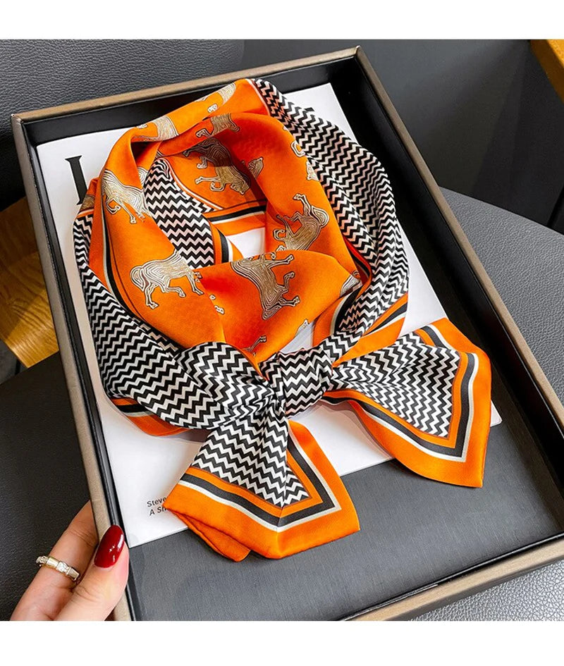 2022 Horse Print Women Silk Satin Hair Band Scarf Skinny Neck Tie Ribbon Hand Bag Wirst Towel Headscarf Girl Foulard