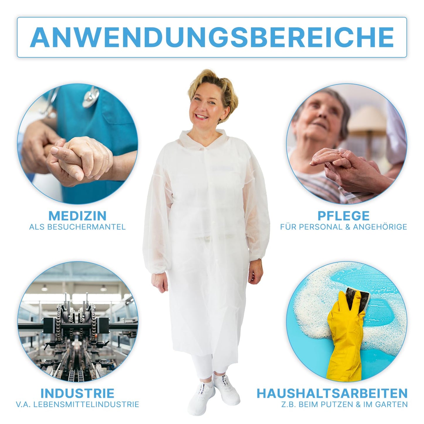Premium 5-Pack XXL Disposable White Protective Gowns - Food Safe, Featuring 4 Snap Buttons, Lightweight 23G/M² Nonwoven Fabric, Ideal for Visitors and Temporary Use