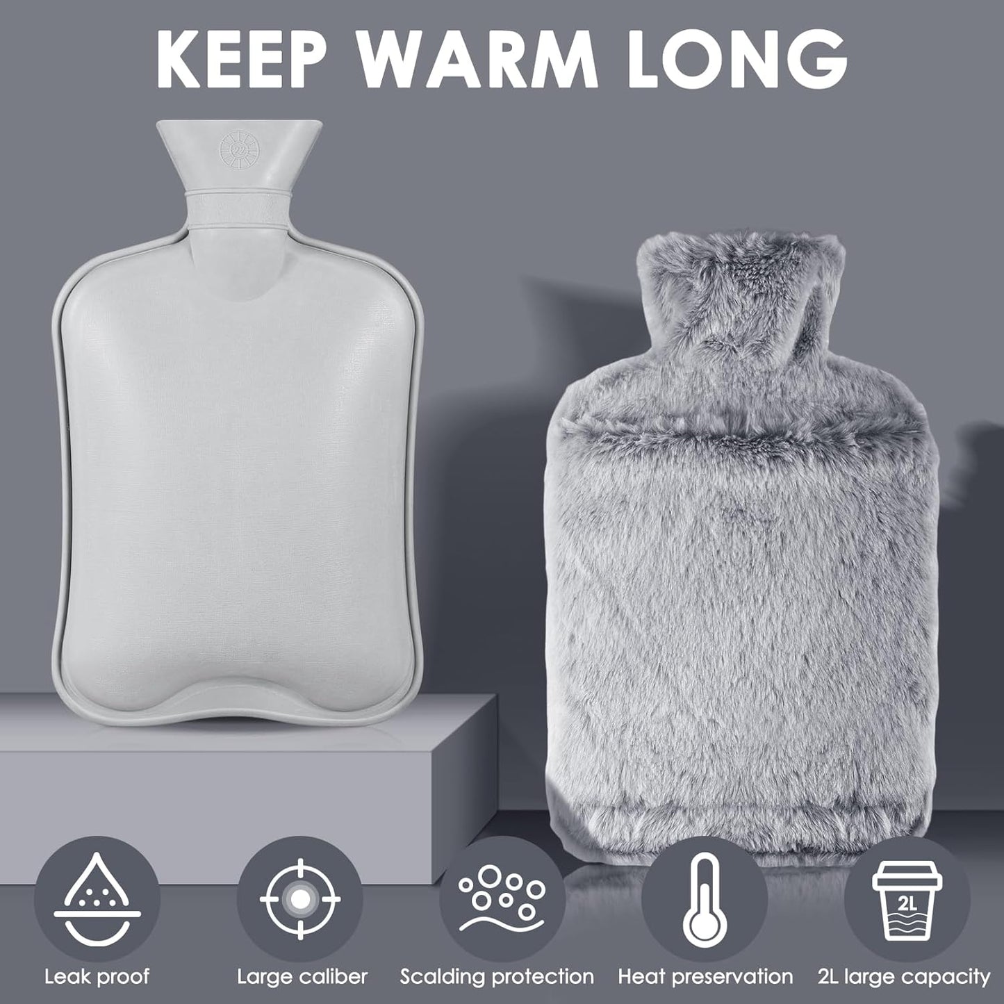 Bolei 2L Auslaufsichere Wärmflasche mit Flauschigem Bezug und Känguru-Tasche – Elegantes Grau aus Naturkautschuk für Maximum Komfort