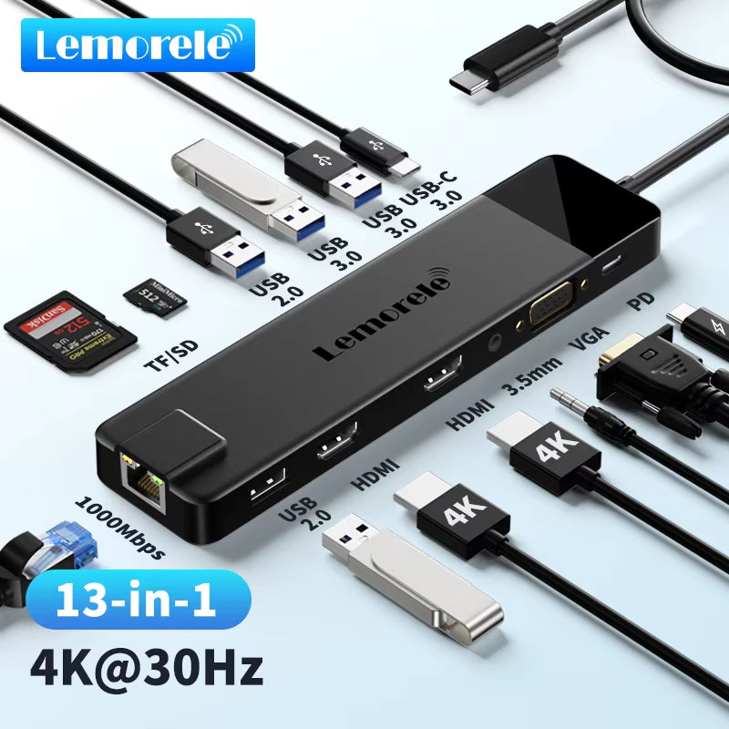4K USB Hub USB C to Dual HDMI VGA Gigabit Docking Station USB 3.0 VGA Adapter SD Card Readers for Windows Macbook Air