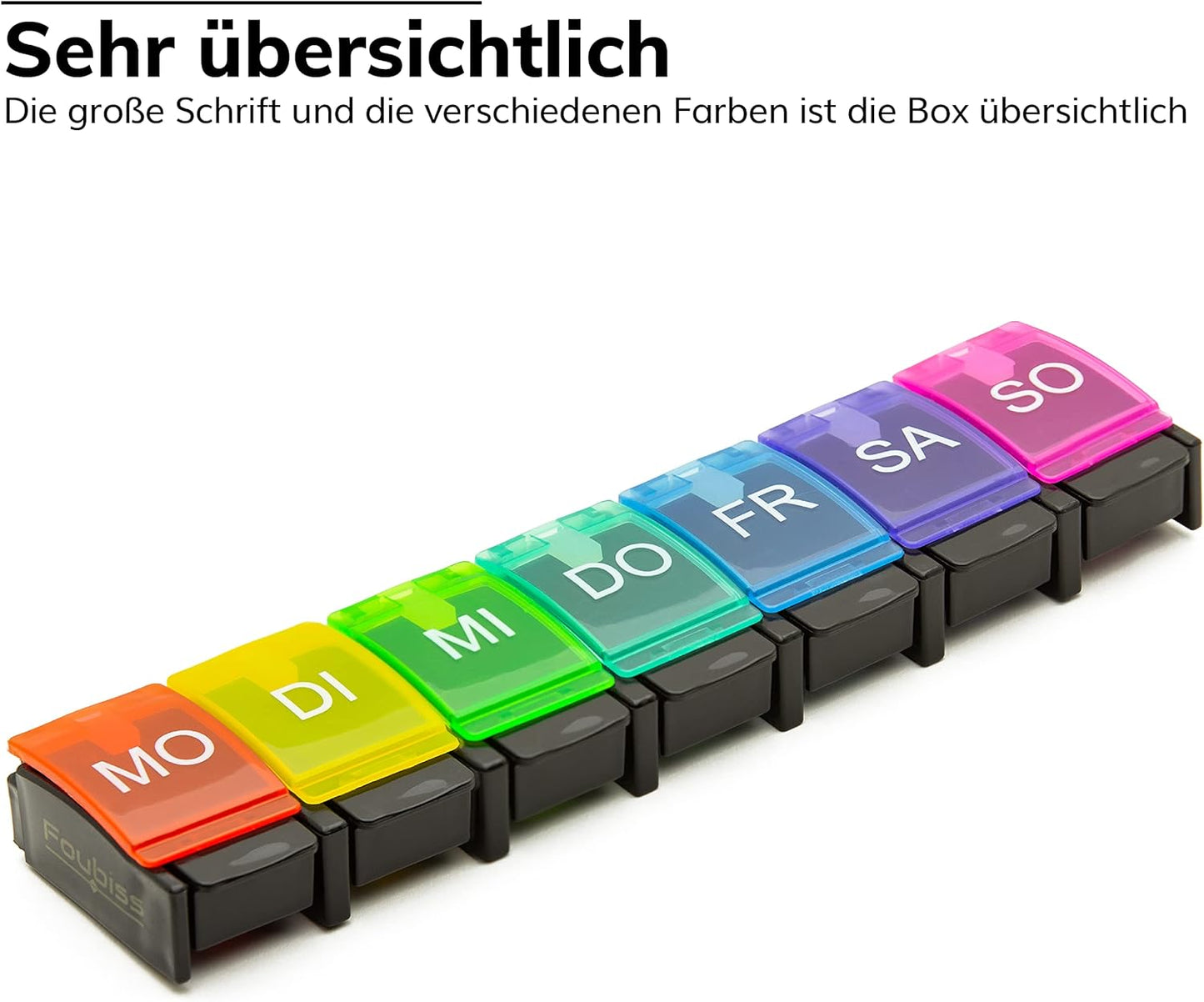 Foubiss - Tablettenbox 7 Tage Mit Druckknopf - BPA Frei - Medikamentenbox Große Fächer - Perfekt Für Unterwegs - Pillendose 7 Fächer Morgens - Bunt