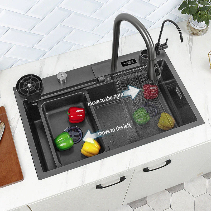 Waterfall Sink Kitchen Stainless Steel Topmount Sink Large Single Slot Wash Basin with Multifunction Touch Waterfall Faucet