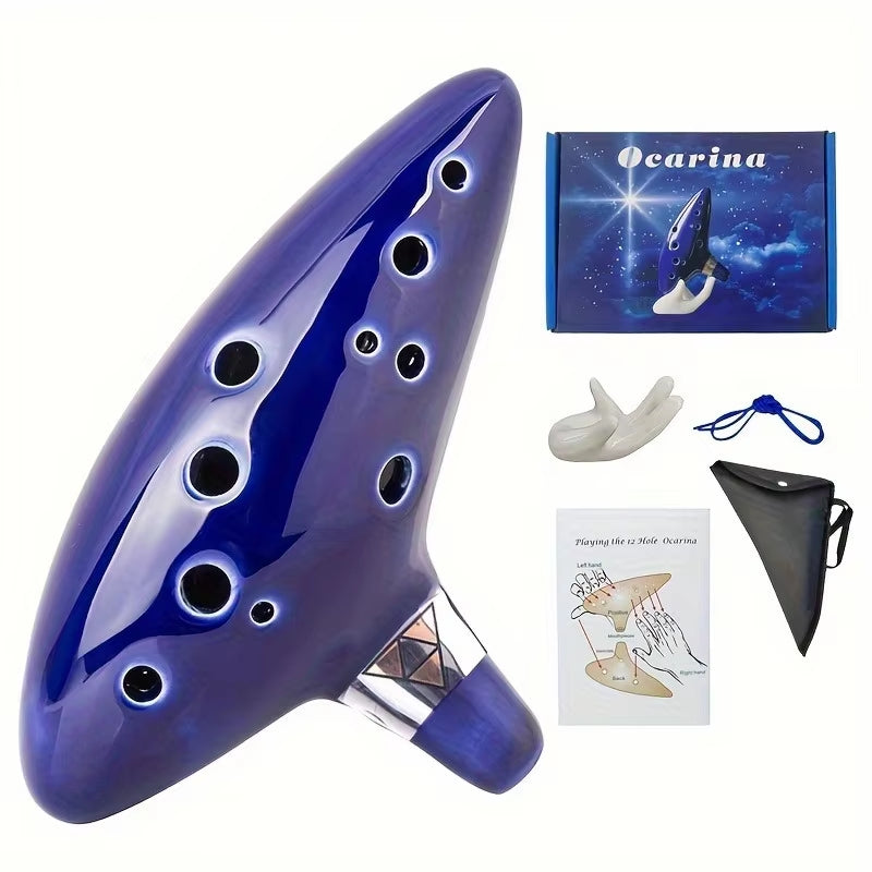 Ceramic 12-Hole Flute in C Key with Color Box, Protective Pouch, Stand, and English Instruction Manual