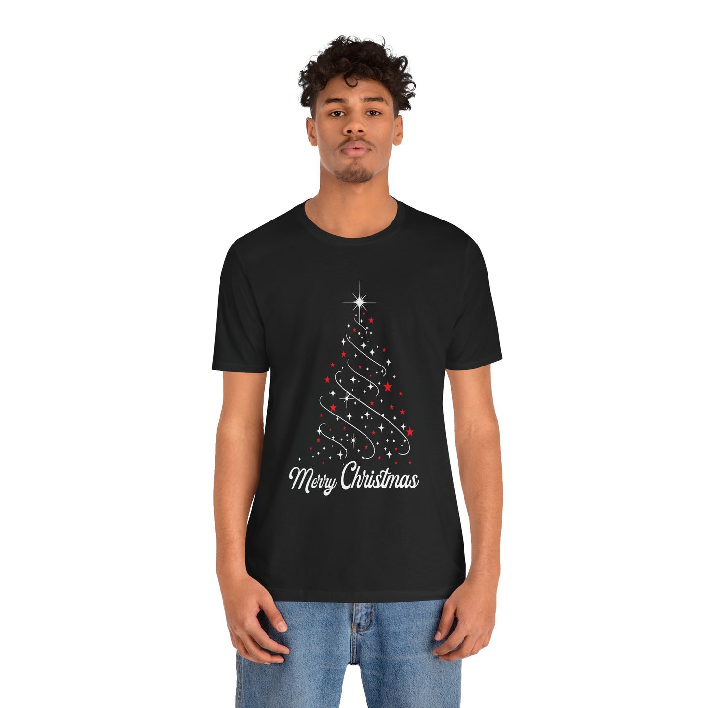 Elegant Christmas Tree T-Shirt | Star Sparkle Holiday Design | Red White Festive Tee | Modern Christmas Fashion | Unisex T-shirt