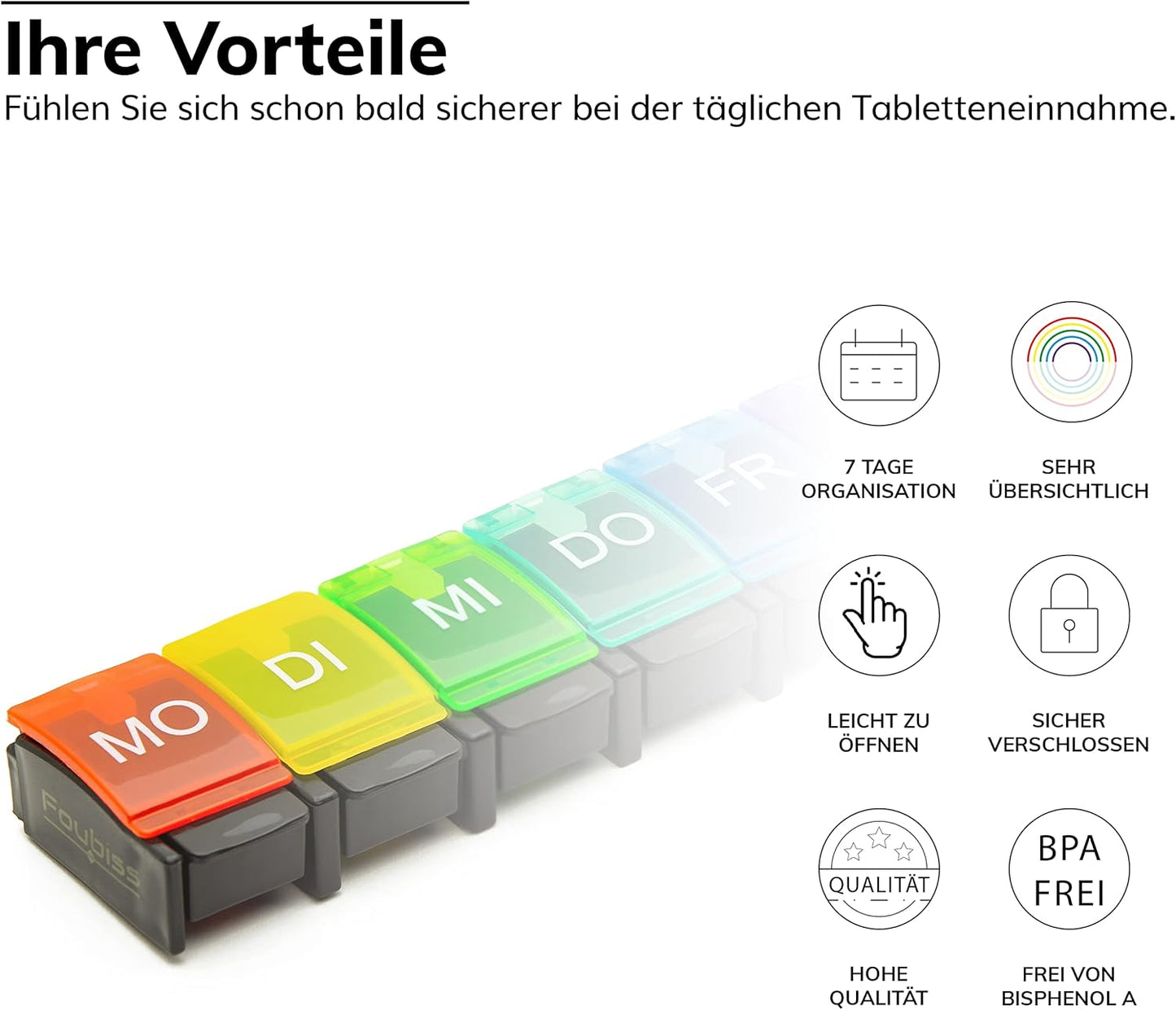 Foubiss - Tablettenbox 7 Tage Mit Druckknopf - BPA Frei - Medikamentenbox Große Fächer - Perfekt Für Unterwegs - Pillendose 7 Fächer Morgens - Bunt