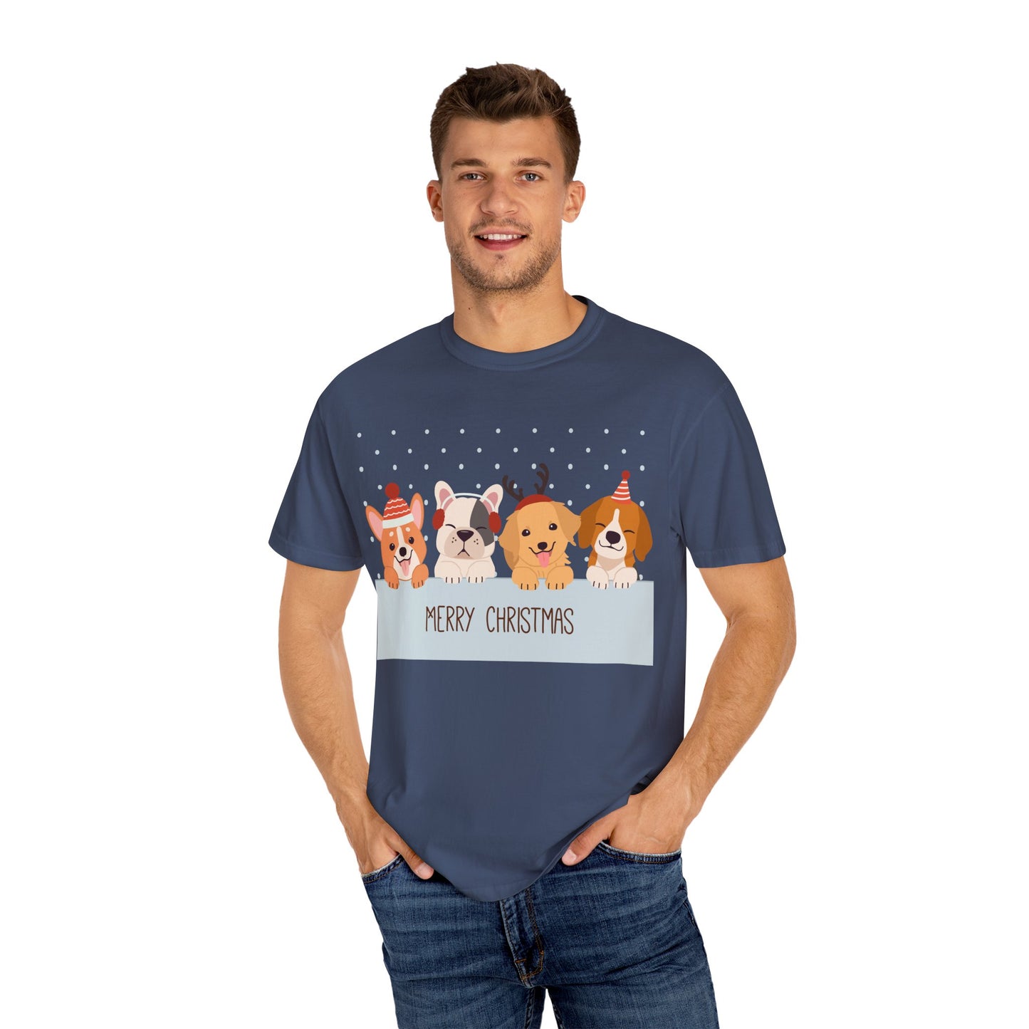 Dog Christmas T-Shirt | Cute Puppy Holiday | Pet Lover Gift | Christmas Dogs | Unisex Garment-Dyed T-shirt | Christmas T-shirt