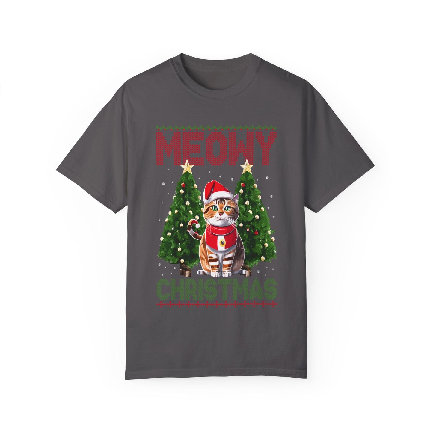 Meowy Christmas T-Shirt | Cat Lover Holiday | Funny Cat Christmas | Pet Santa Tee | Unisex Garment-Dyed T-shirt | Christmas Gift