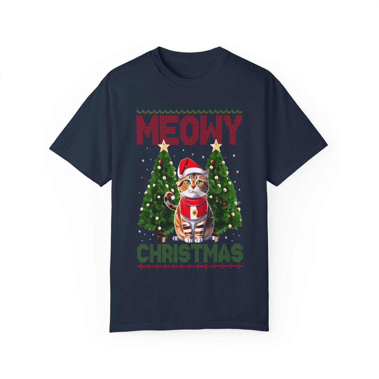 Meowy Christmas T-Shirt | Cat Lover Holiday | Funny Cat Christmas | Pet Santa Tee | Unisex Garment-Dyed T-shirt | Christmas Gift