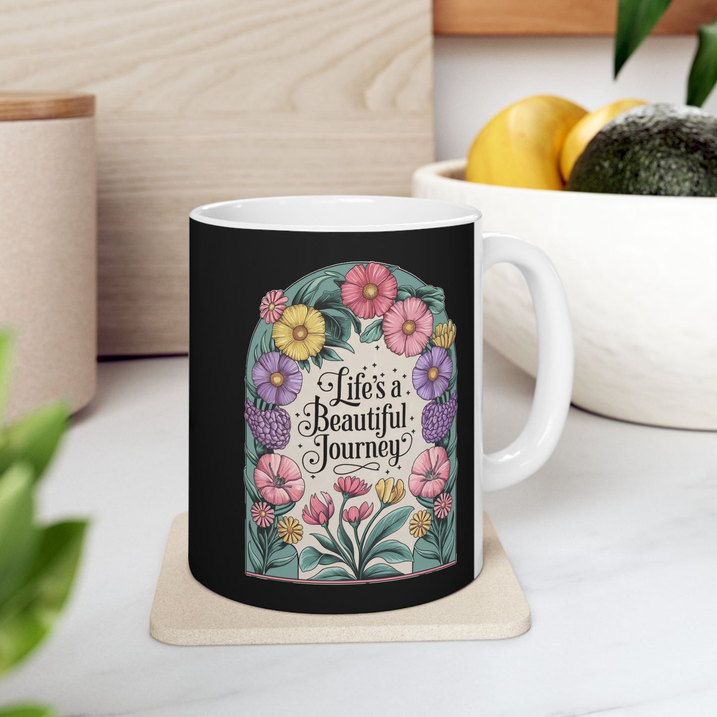 Life's a Beautiful Journey Mug | Floral Inspirational Cup | Vintage Botanical Design | Motivational Coffee Cup | Ceramic Mug, (11oz)