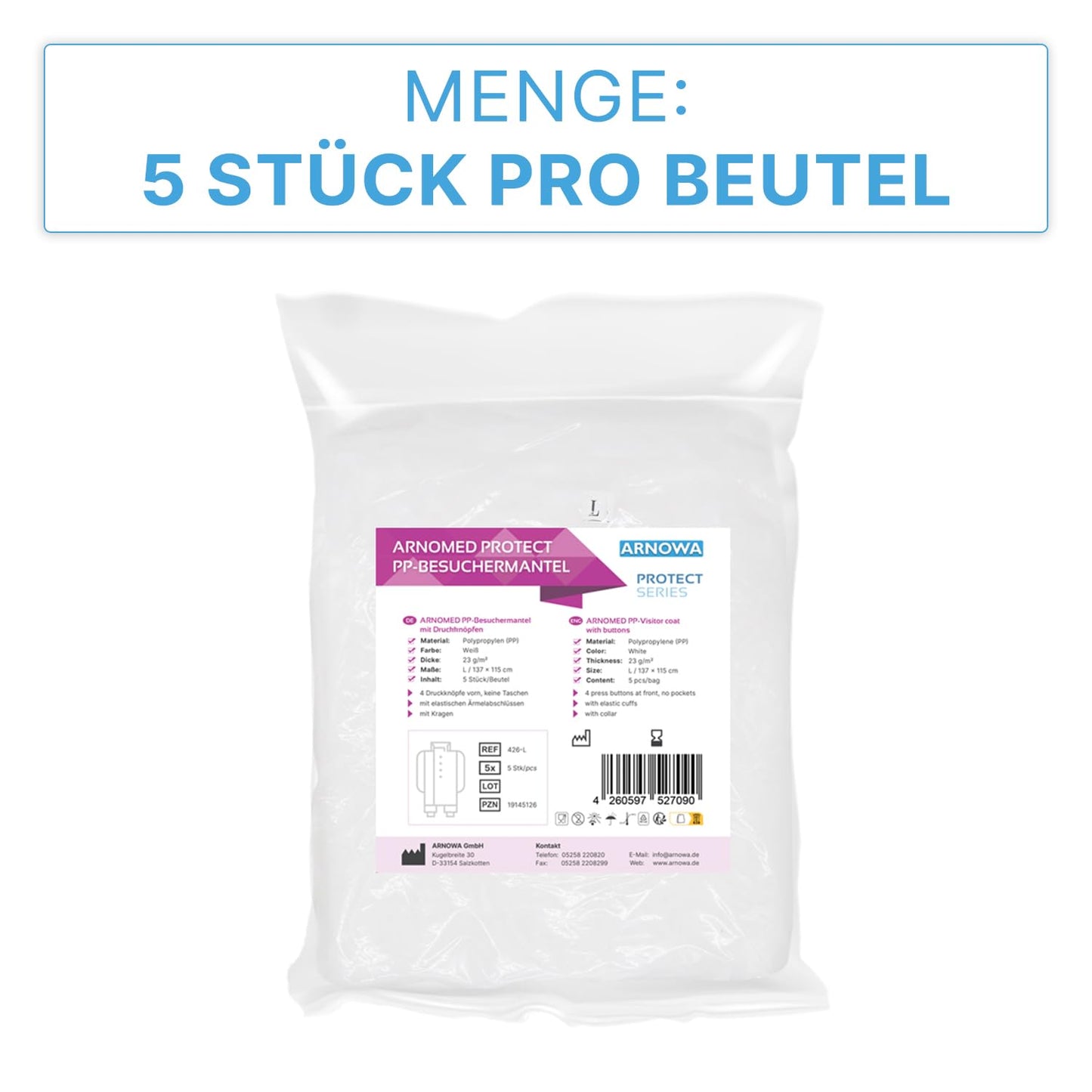 100X Einweg Schutzkittel Weiß L - 138X110Cm, Lebensmitteltauglich mit 4 Druckknöpfen, Vlieskittel für optimale Hygiene & Sicherheit - ideal als Besuchermantel