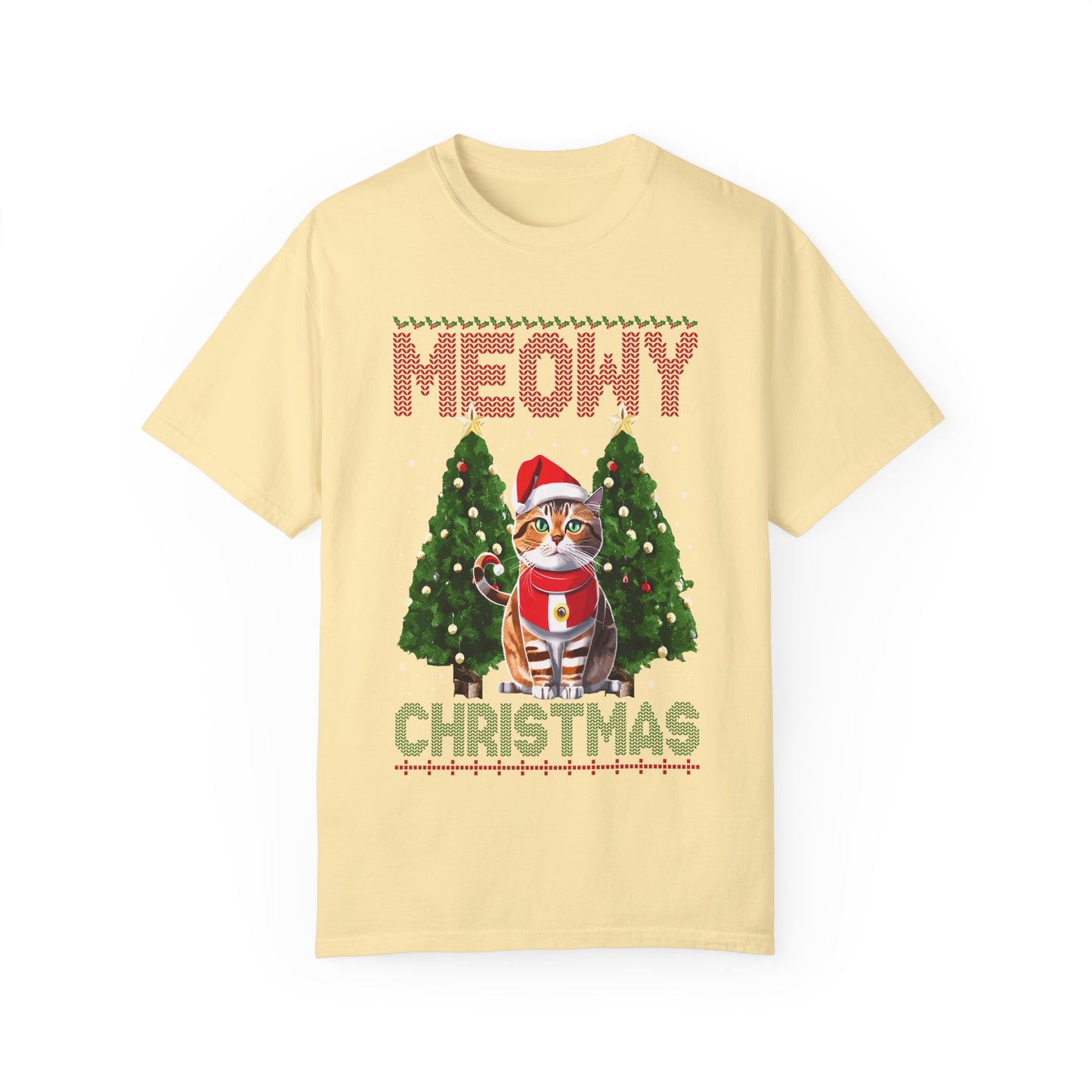 Meowy Christmas T-Shirt | Cat Lover Holiday | Funny Cat Christmas | Pet Santa Tee | Unisex Garment-Dyed T-shirt | Christmas Gift