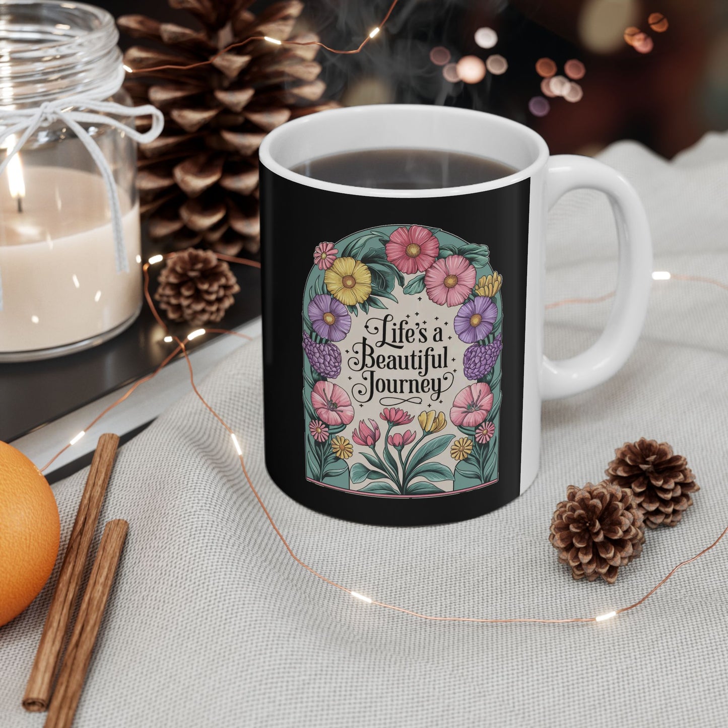 Life's a Beautiful Journey Mug | Floral Inspirational Cup | Vintage Botanical Design | Motivational Coffee Cup | Ceramic Mug, (11oz)