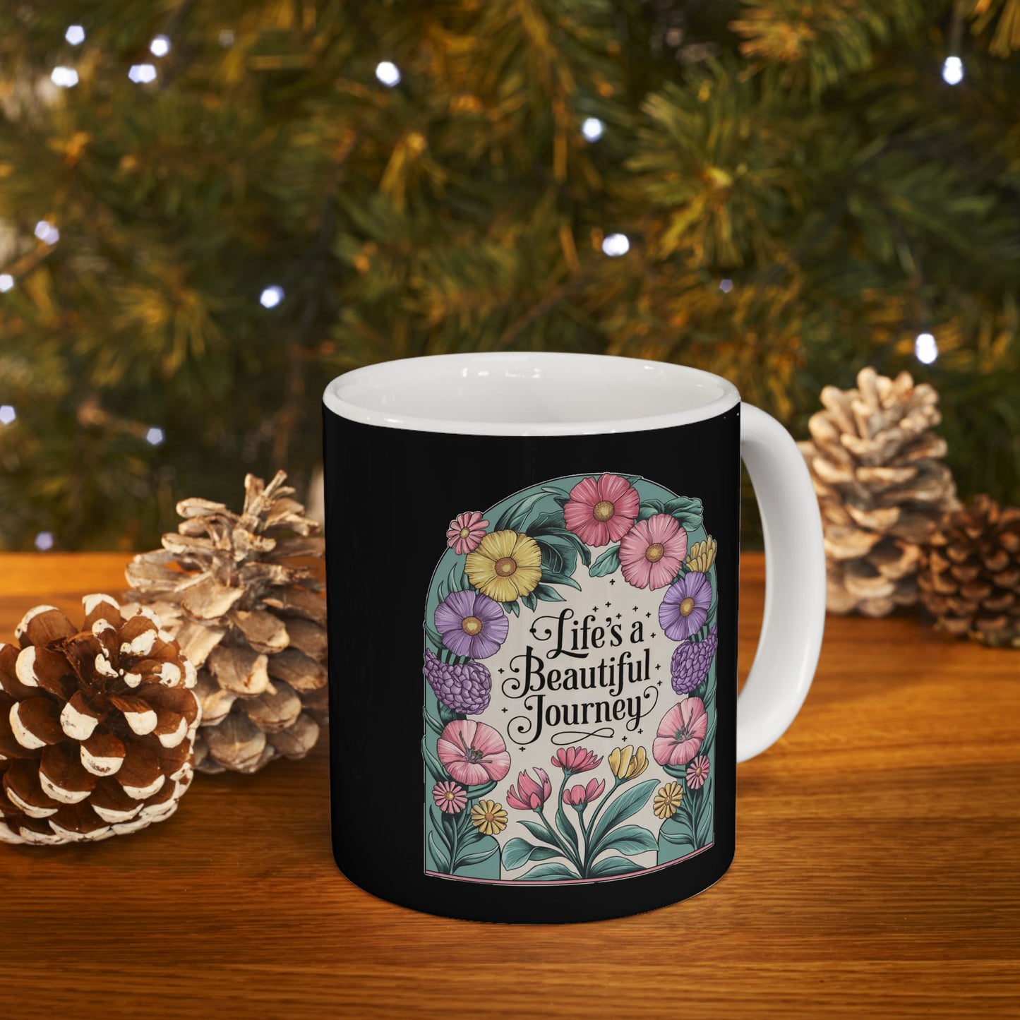 Life's a Beautiful Journey Mug | Floral Inspirational Cup | Vintage Botanical Design | Motivational Coffee Cup | Ceramic Mug, (11oz)