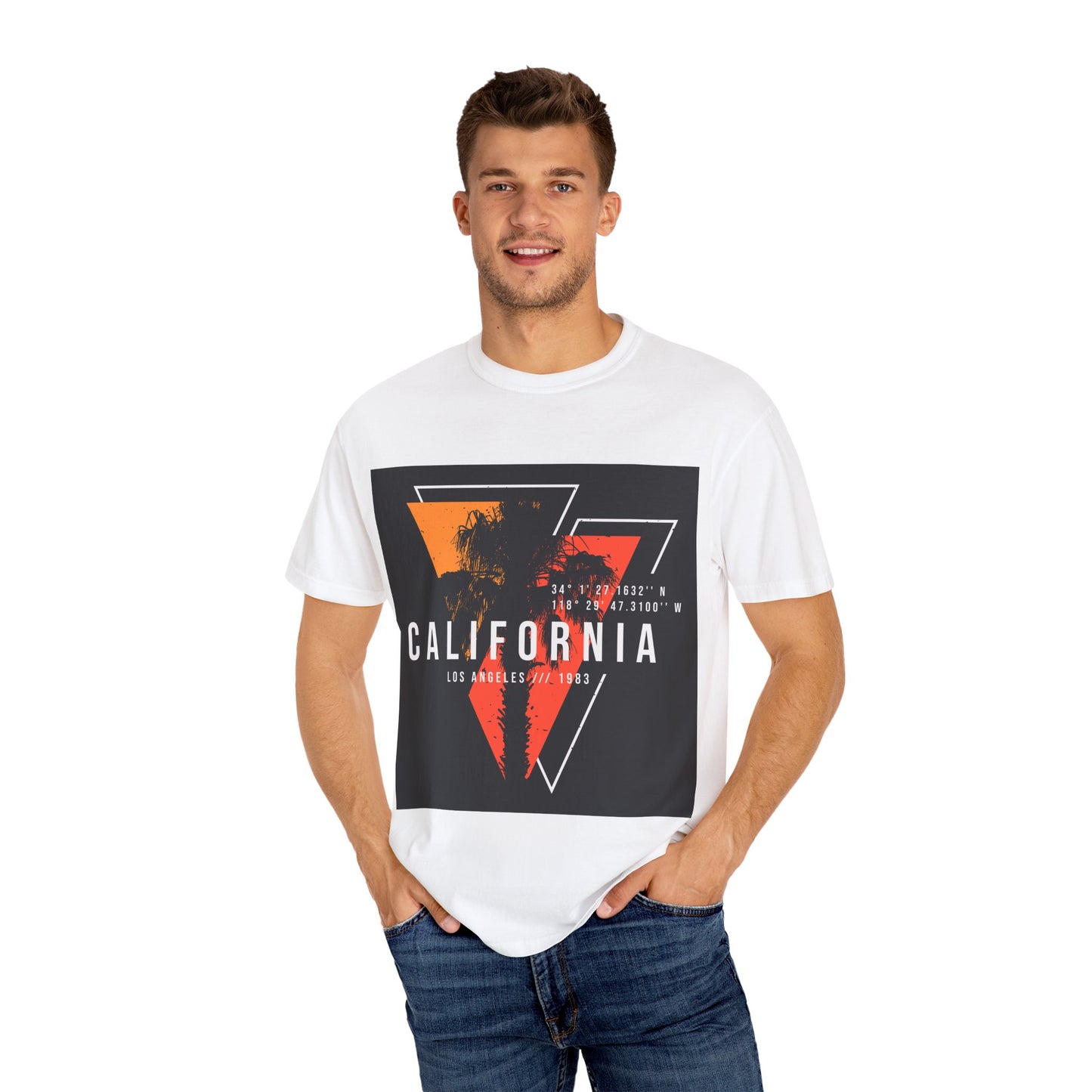 California Los Angeles T-Shirt | Vintage Palm Tree | Retro LA Coordinates | 1983 Beach Vibes | Sunset Geometric Design | West Coast Style