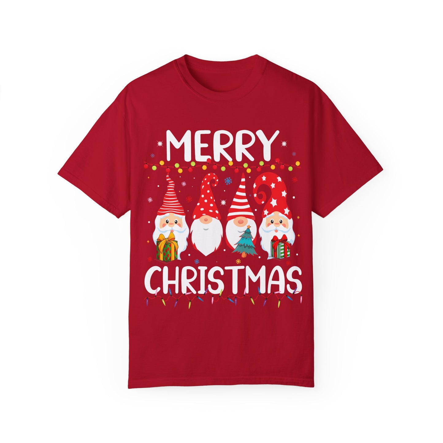 Christmas Gnomes T-Shirt | Festive Nordic Gnomies | Holiday Lights Design | Unisex Garment-Dyed T-shirt | Christmas gift | Merry Christmas