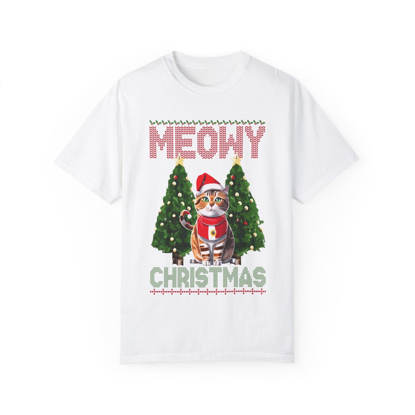 Meowy Christmas T-Shirt | Cat Lover Holiday | Funny Cat Christmas | Pet Santa Tee | Unisex Garment-Dyed T-shirt | Christmas Gift