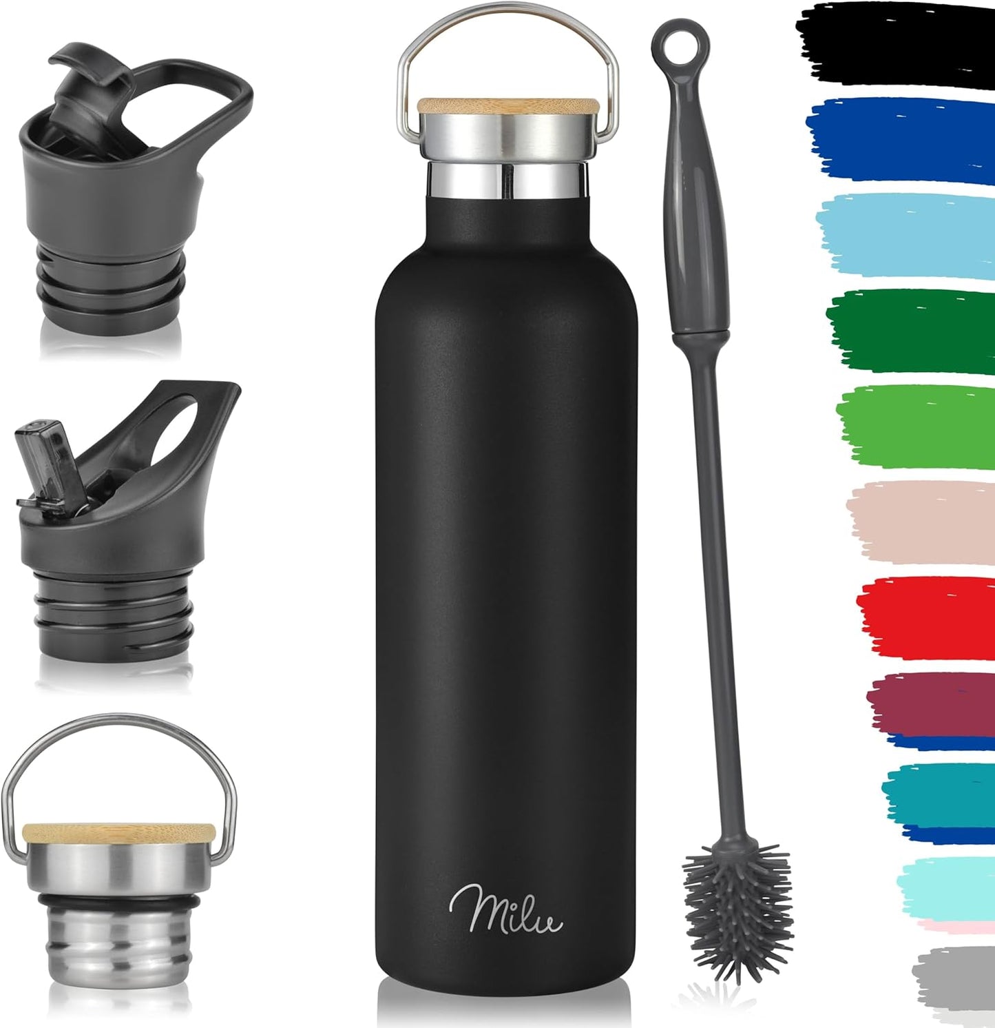 Milu Edelstahl Isolier-Trinkflasche 750ml - Auslaufsicher, Doppelwandig, Mit Strohhalm, Kohlensäure Geeignet, 3 Deckel Inklusive - Perfekt für Unterwegs (Schwarz)