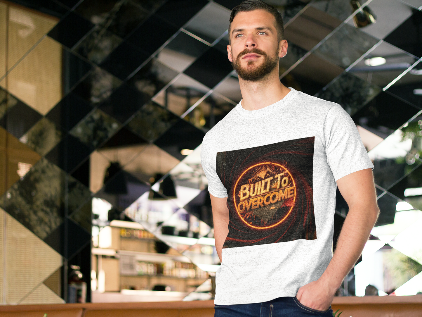 Built to Overcome T-shirt | Motiverend Fitness Shirt | Bergavontuur Geest | Neon Glow Design | Inspirerend Sportschool Shirt