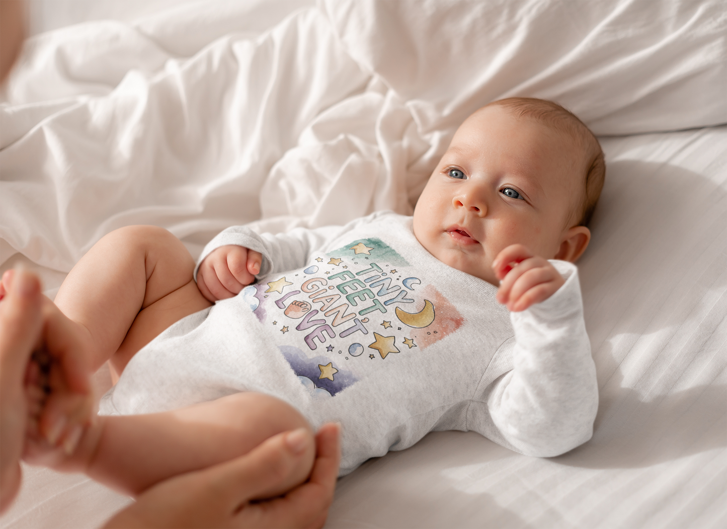 Tiny Feet Giant Love Baby Bodysuit | Newborn Stars Moon Design | Baby Shower Gift | Watercolor Nursery Art | Gender Neutral