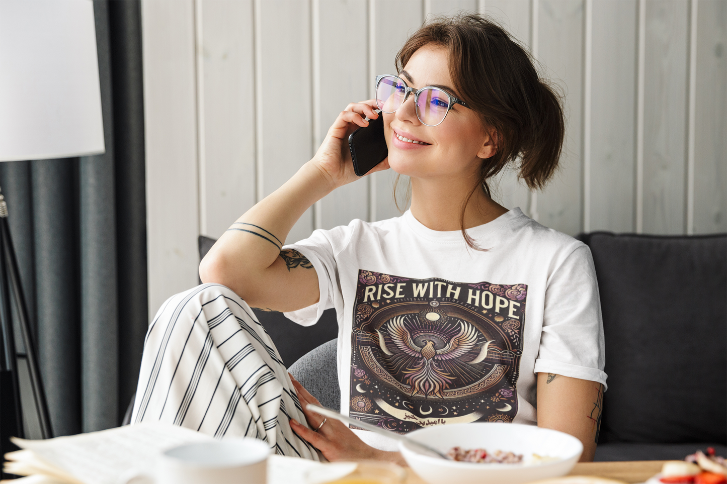 Rise with Hope | Persian English Phoenix Design | Bilingual Inspirational Art | Mystical Bird | Moon Phase Art | Spiritual T-shirt Design
