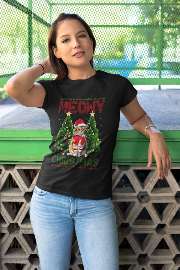 Meowy Christmas T-Shirt | Cat Lover Holiday | Funny Cat Christmas | Pet Santa Tee | Unisex Garment-Dyed T-shirt | Christmas Gift