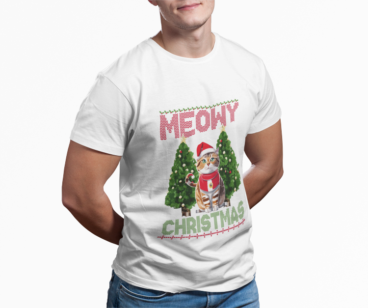 Meowy Christmas T-Shirt | Cat Lover Holiday | Funny Cat Christmas | Pet Santa Tee | Unisex Garment-Dyed T-shirt | Christmas Gift