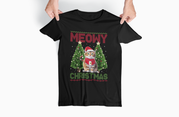 Meowy Christmas T-Shirt | Cat Lover Holiday | Funny Cat Christmas | Pet Santa Tee | Unisex Garment-Dyed T-shirt | Christmas Gift
