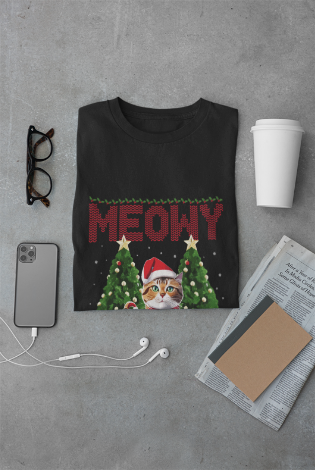 Meowy Christmas T-Shirt | Cat Lover Holiday | Funny Cat Christmas | Pet Santa Tee | Unisex Garment-Dyed T-shirt | Christmas Gift
