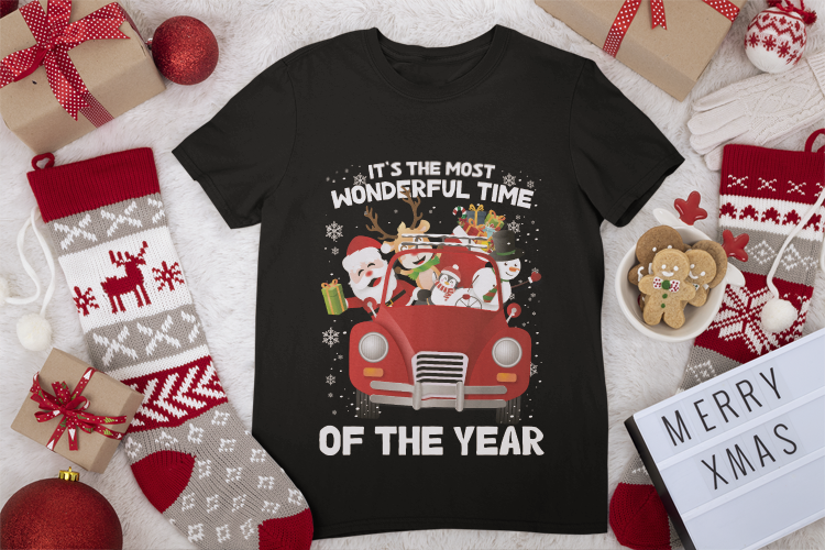 Christmas Car T-Shirt | Santa Road Trip Tee | Wonderful Time Design | Holiday Friends Gift | Festive Winter Shirt | Unisex Heavy Cotton Tee