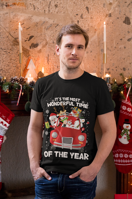 Christmas Car T-Shirt | Santa Road Trip Tee | Wonderful Time Design | Holiday Friends Gift | Festive Winter Shirt | Unisex Heavy Cotton Tee
