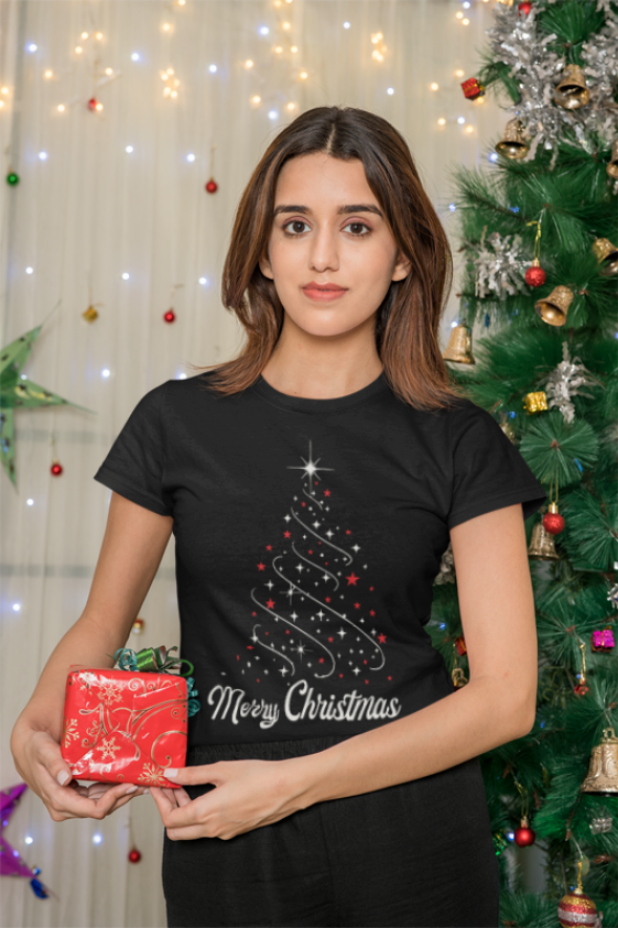 Elegant Christmas Tree T-Shirt | Star Sparkle Holiday Design | Red White Festive Tee | Modern Christmas Fashion | Unisex T-shirt