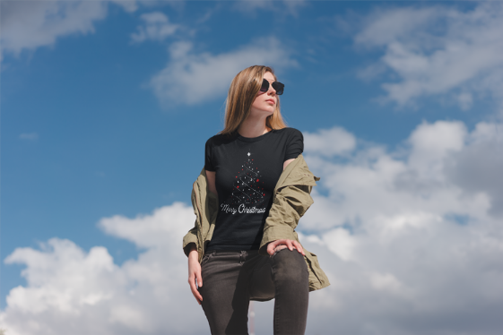 Elegant Christmas Tree T-Shirt | Star Sparkle Holiday Design | Red White Festive Tee | Modern Christmas Fashion | Unisex T-shirt