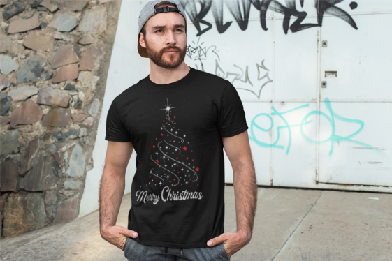 Elegant Christmas Tree T-Shirt | Star Sparkle Holiday Design | Red White Festive Tee | Modern Christmas Fashion | Unisex T-shirt