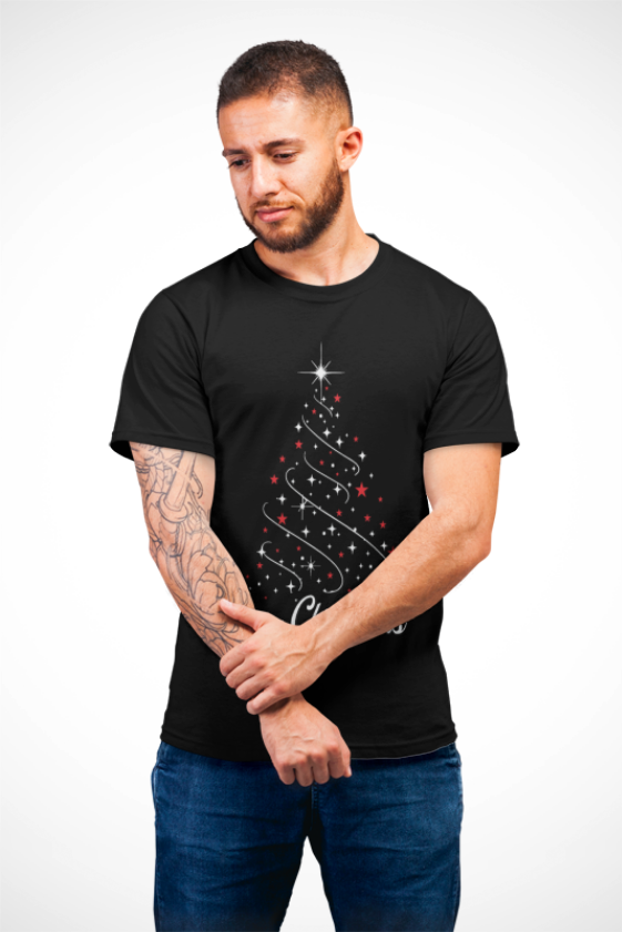 Elegant Christmas Tree T-Shirt | Star Sparkle Holiday Design | Red White Festive Tee | Modern Christmas Fashion | Unisex T-shirt