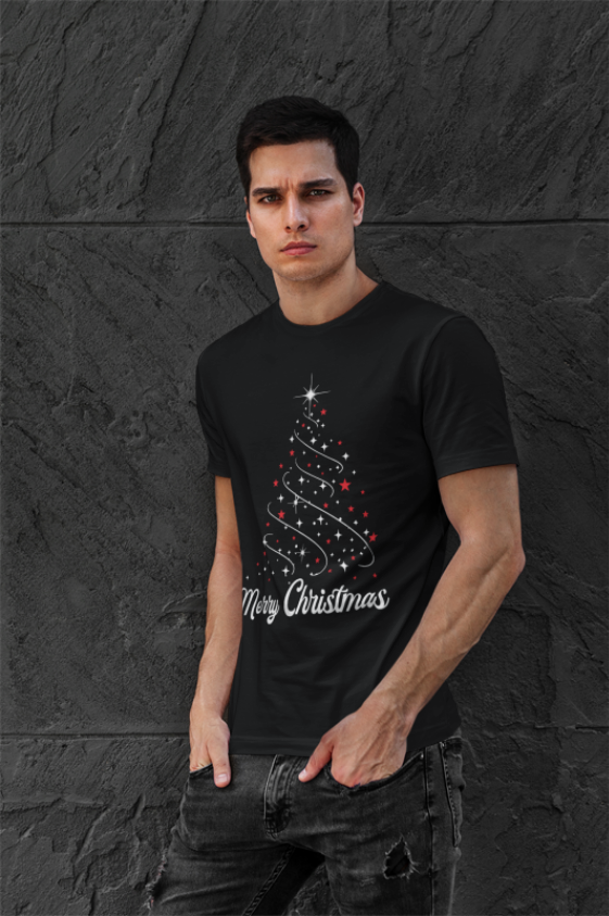 Elegant Christmas Tree T-Shirt | Star Sparkle Holiday Design | Red White Festive Tee | Modern Christmas Fashion | Unisex T-shirt