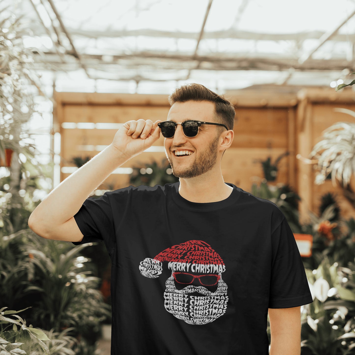 Cool Santa Typography T-Shirt | Christmas Text Art Tee | Holiday Word Art Design | Santa Claus Sunglasses Shirt | Modern Christmas Gift