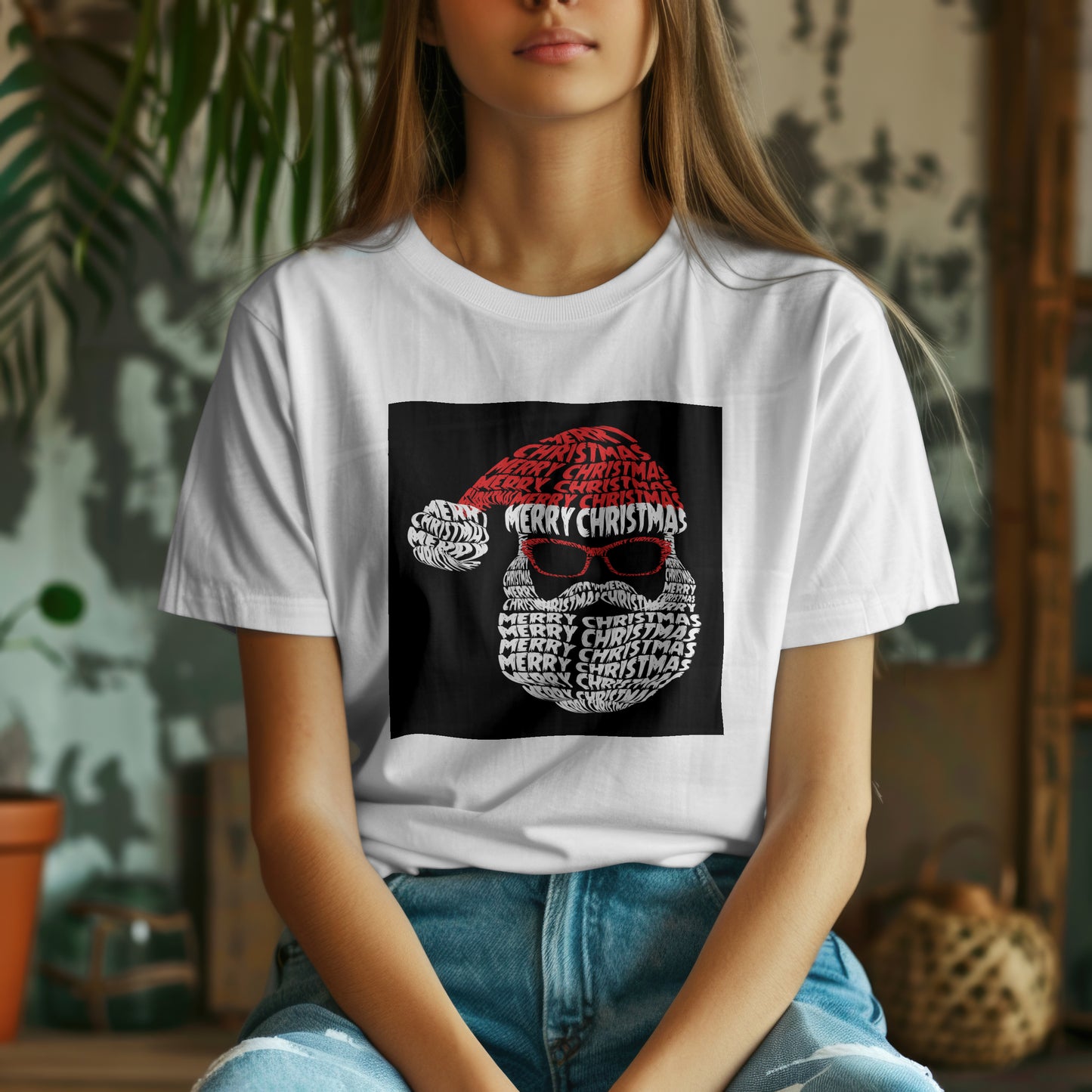 Cool Santa Typography T-Shirt | Christmas Text Art Tee | Holiday Word Art Design | Santa Claus Sunglasses Shirt | Modern Christmas Gift