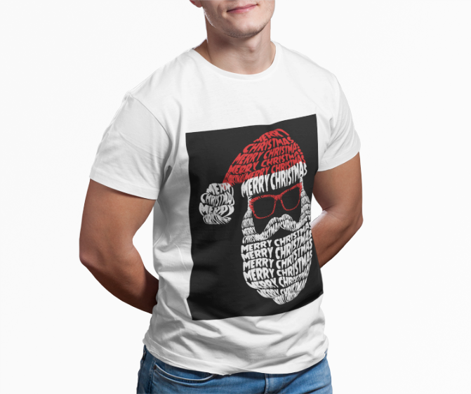 Cool Santa Typography T-Shirt | Christmas Text Art Tee | Holiday Word Art Design | Santa Claus Sunglasses Shirt | Modern Christmas Gift