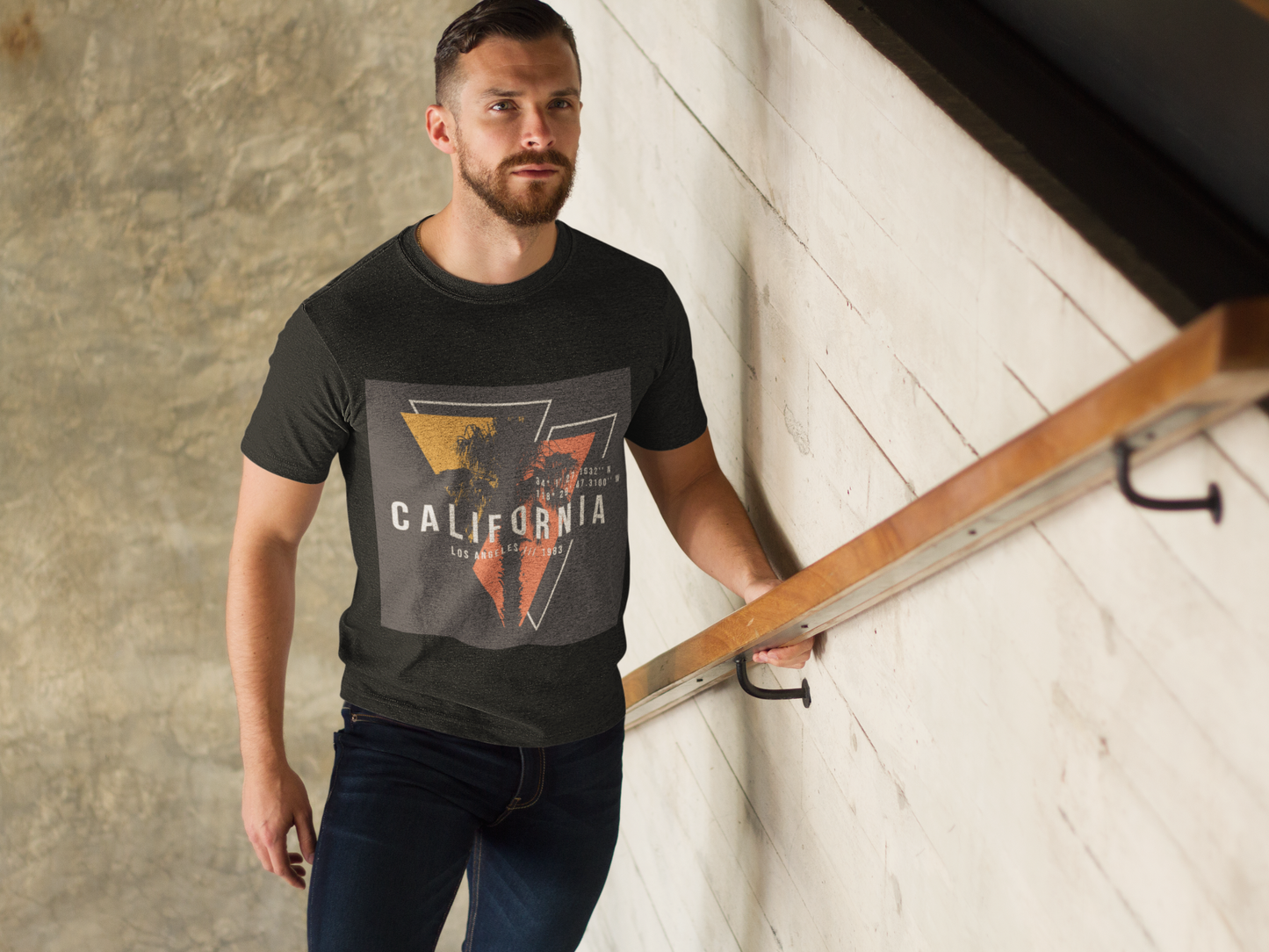 California Los Angeles T-Shirt | Vintage Palm Tree | Retro LA Coordinates | 1983 Beach Vibes | Sunset Geometric Design | West Coast Style