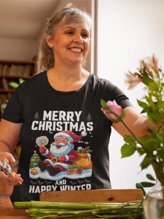 Jolly Santa Christmas T-Shirt | Happy Winter Holiday Design | Cute Santa Claus with Gifts | Festive Christmas Tree Tee | Unisex T-shirt