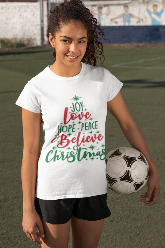 Joy Love Peace Christmas T-Shirt | Holiday Word Tree | Christmas Spirit Design | Festive Typography | Unisex Softstyle Christmas T-shirt