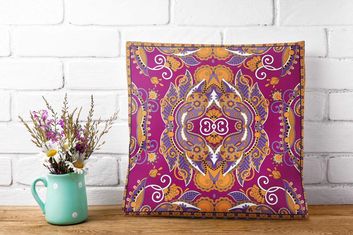 Bohemian Mandala Pillow | Magenta Purple Orange Throw Pillow | Ornate Boho Cushion | Moroccan Style Decor | Spun Polyester Square Pillow