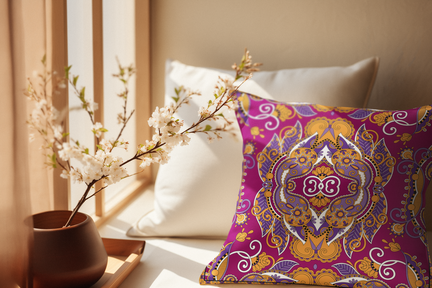 Bohemian Mandala Pillow | Magenta Purple Orange Throw Pillow | Ornate Boho Cushion | Moroccan Style Decor | Spun Polyester Square Pillow