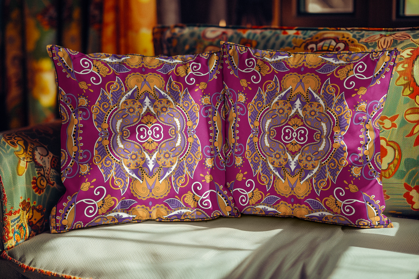 Bohemian Mandala Pillow | Magenta Purple Orange Throw Pillow | Ornate Boho Cushion | Moroccan Style Decor | Spun Polyester Square Pillow