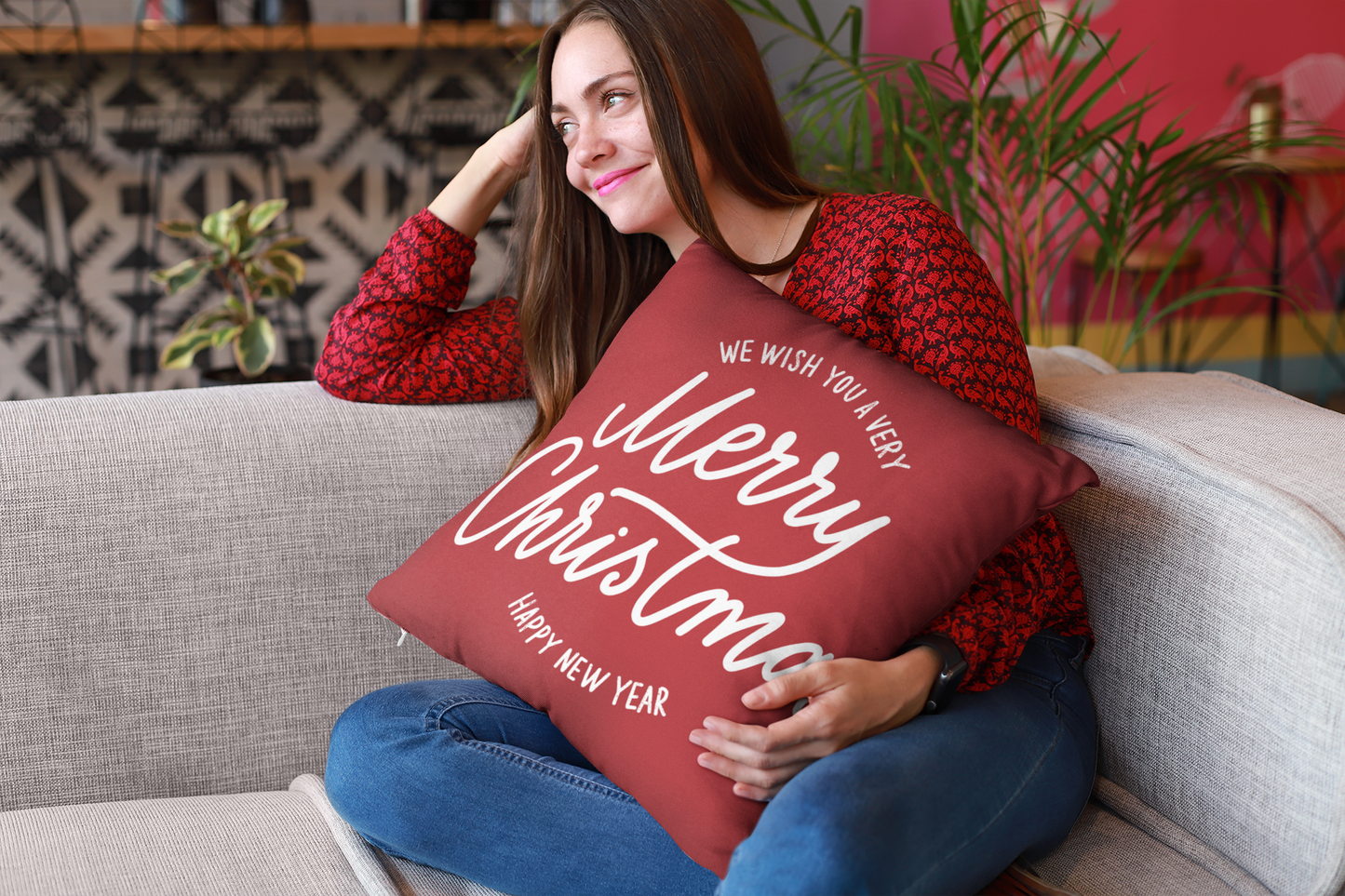 Merry Christmas Pillow | Red Holiday Throw Pillow | Elegant Script Design | Christmas Home Decor | Christmas Square Pillow