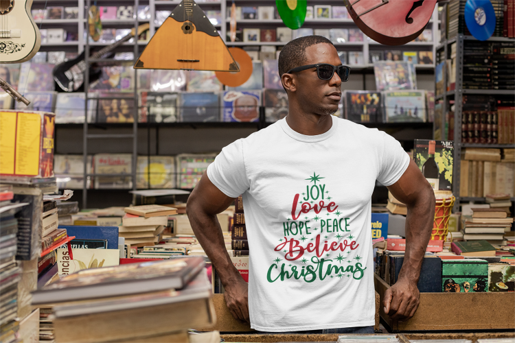 Joy Love Peace Christmas T-Shirt | Holiday Word Tree | Christmas Spirit Design | Festive Typography | Unisex Softstyle Christmas T-shirt