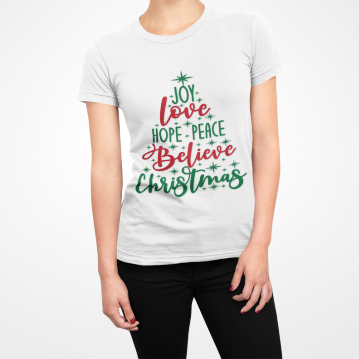 Joy Love Peace Christmas T-Shirt | Holiday Word Tree | Christmas Spirit Design | Festive Typography | Unisex Softstyle Christmas T-shirt