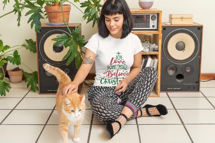 Joy Love Peace Christmas T-Shirt | Holiday Word Tree | Christmas Spirit Design | Festive Typography | Unisex Softstyle Christmas T-shirt