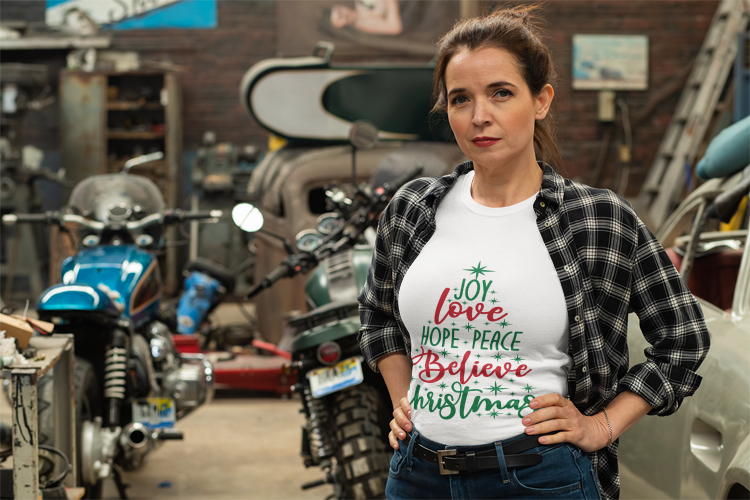 Joy Love Peace Christmas T-Shirt | Holiday Word Tree | Christmas Spirit Design | Festive Typography | Unisex Softstyle Christmas T-shirt